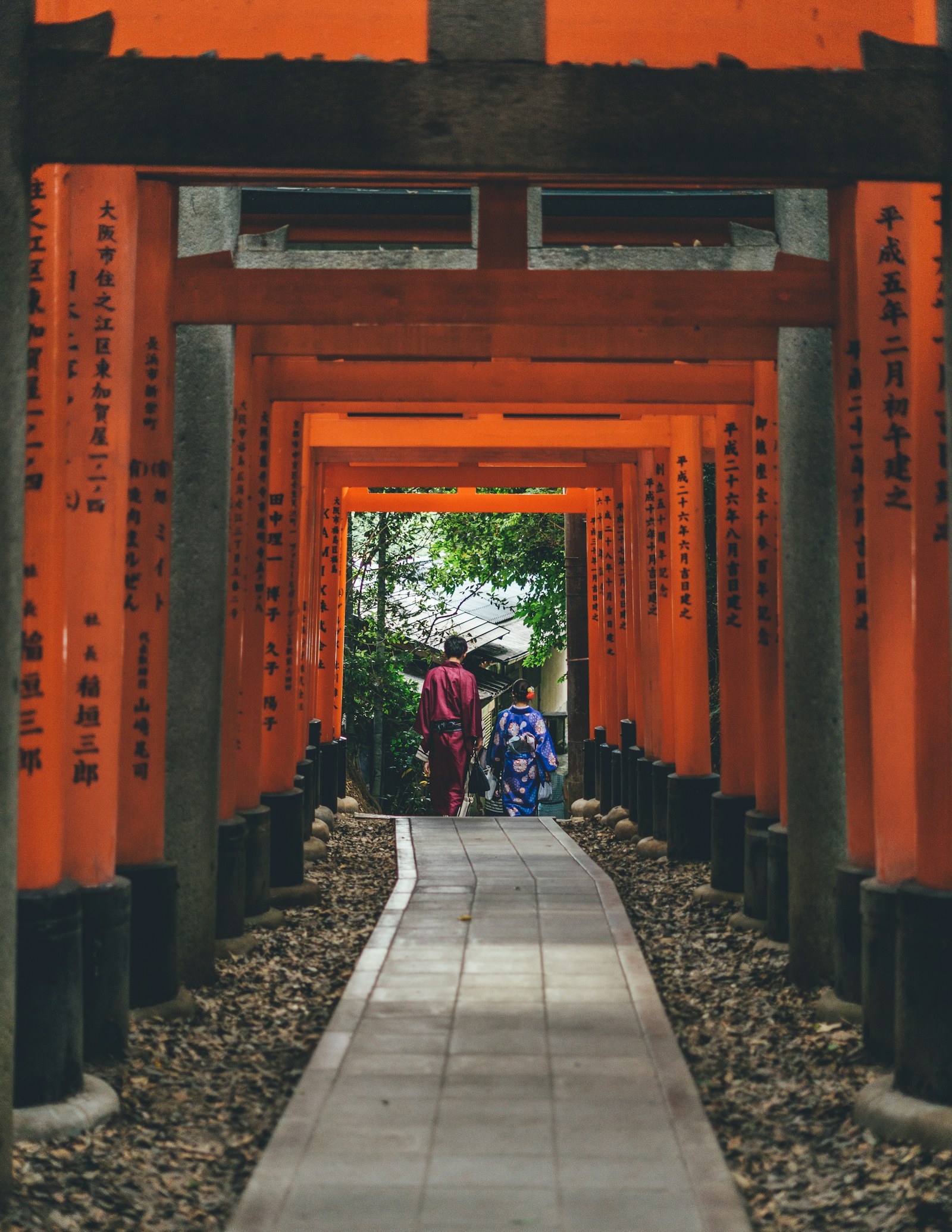 Travelers walking through torii gates in Kyoto