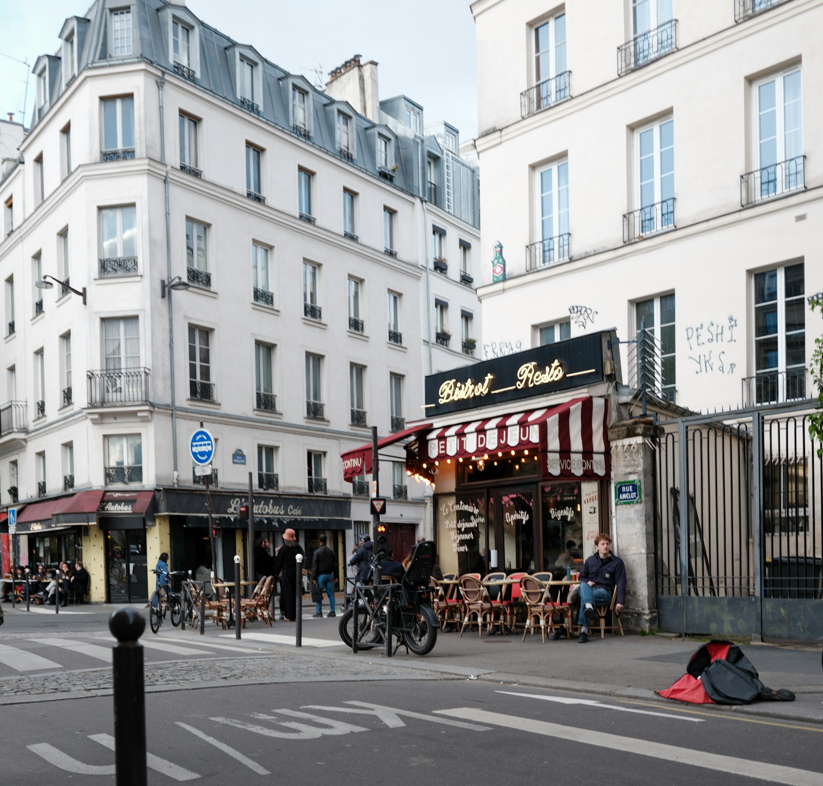 A cafe and neighborhood street in Paris